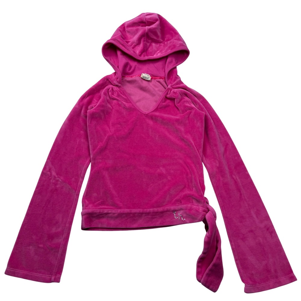 VTG Y2K Tommy Jeans Hot Pink Velour Hoodie Bell Sleeve Side Tie Pullover Small